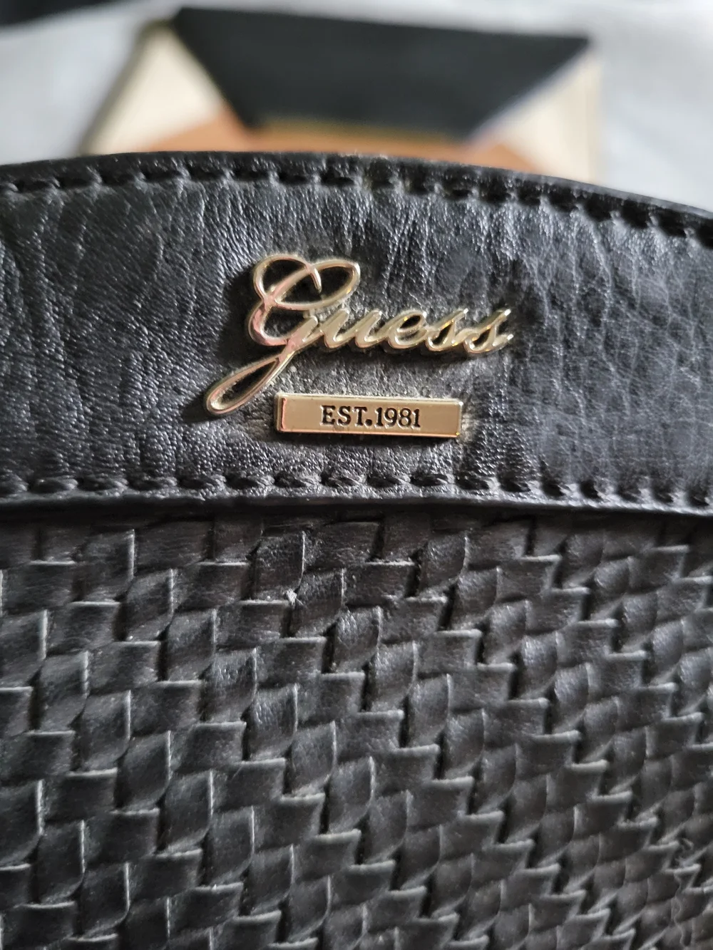 Guess Women's Black Woven Tote Bag with Gold Logo